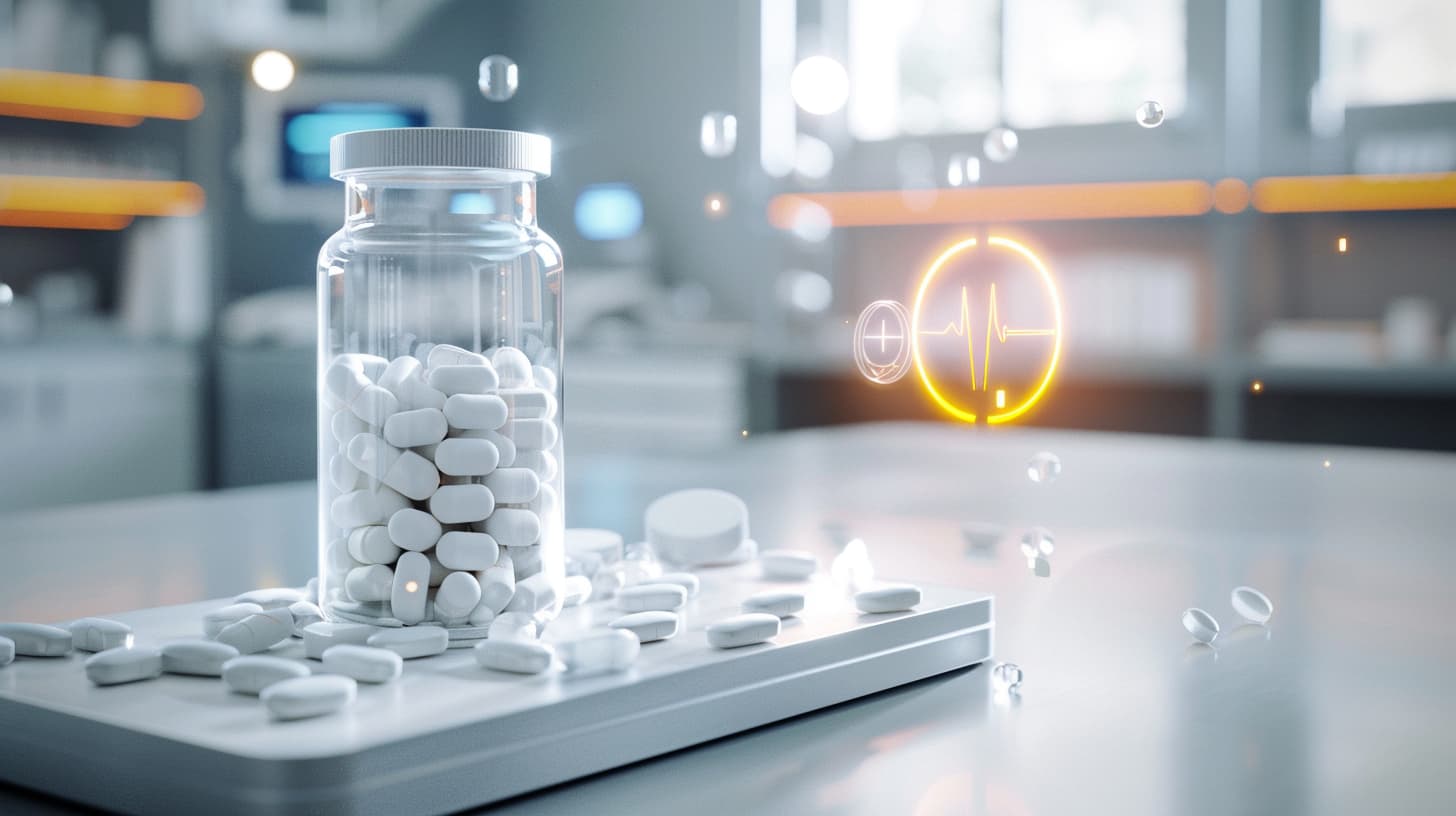 清潔感のあるラボで、スマホの充電アイコンと共に配置された高品質なNMNサプリメントボトルのイメージ